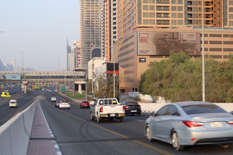 Home Box campaign on a WideLoop screen in Dubai, photographed by day