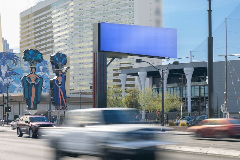 Digital bulletin at Las Vegas Blvd near Main St · by the STRAT, photographed by day; the advertiser's content is replaced with a preview of your brand